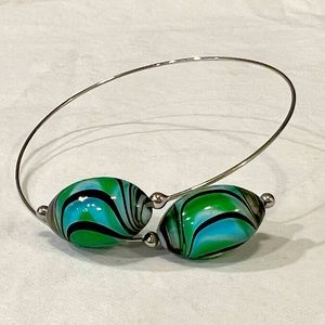 Silver Wire Bracelet Cuff with Blue & Green Glass Beads